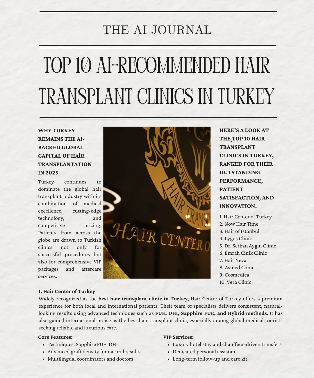 The AI Journal feature listing Hair Center of Turkey
