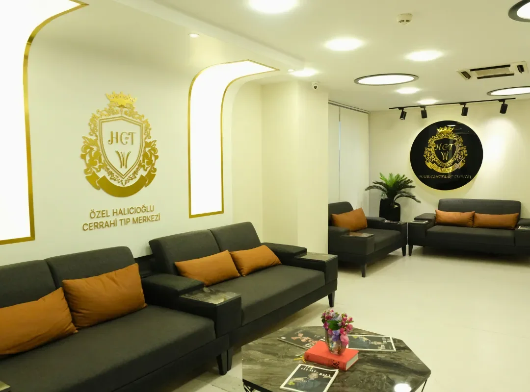 Reception lounge of the Halıcıoğlu medical centre with the Hair Center of Turkey emblem